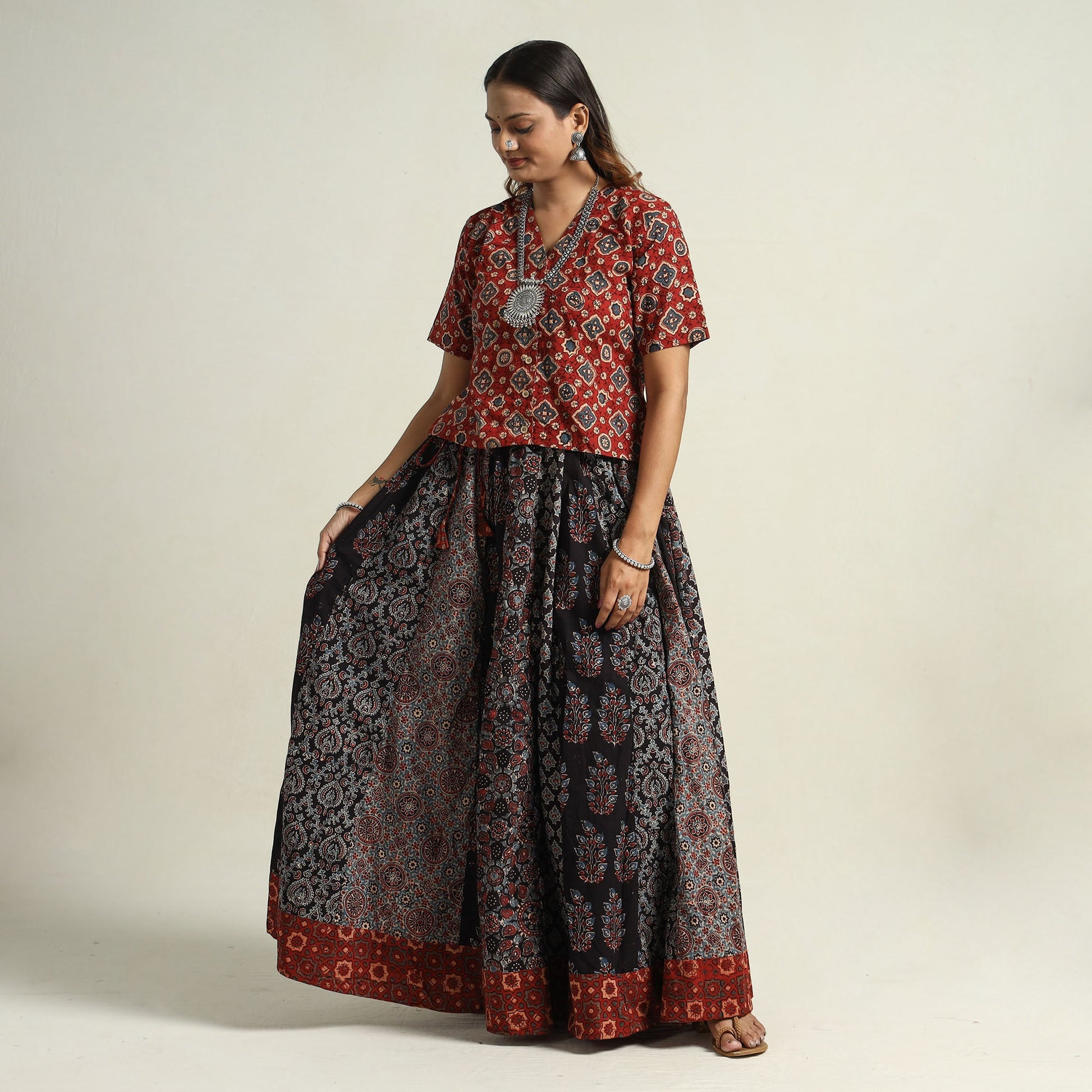 Black - Ajrakh Block Printed 24 Kali Patchwork Cotton Long Skirt 04