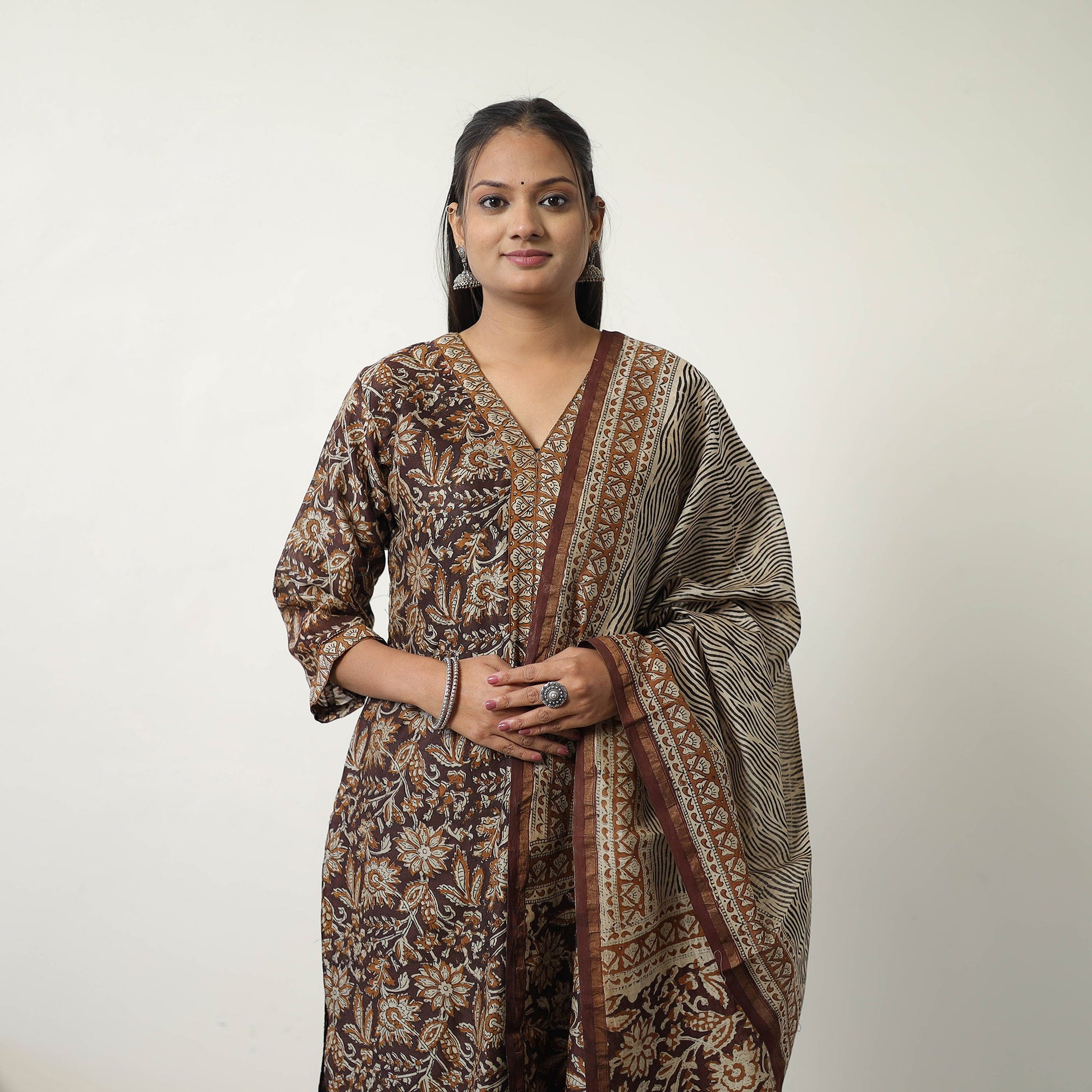 Brown - Chanderi Silk Hand Block Bagru Print Kurta Set 02
