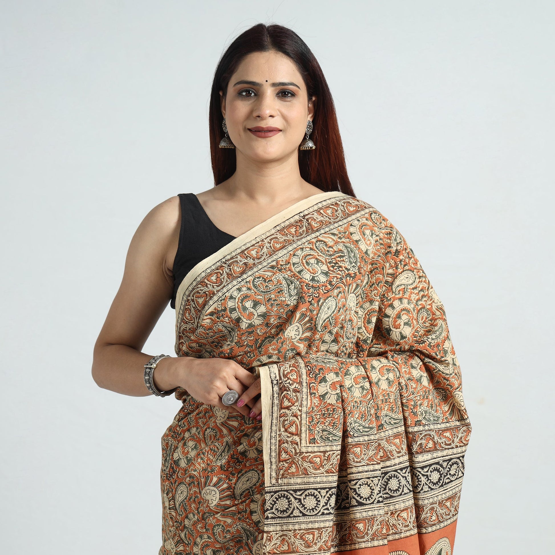 Brown - Pedana Block Print Cotton Kalamkari Saree 02