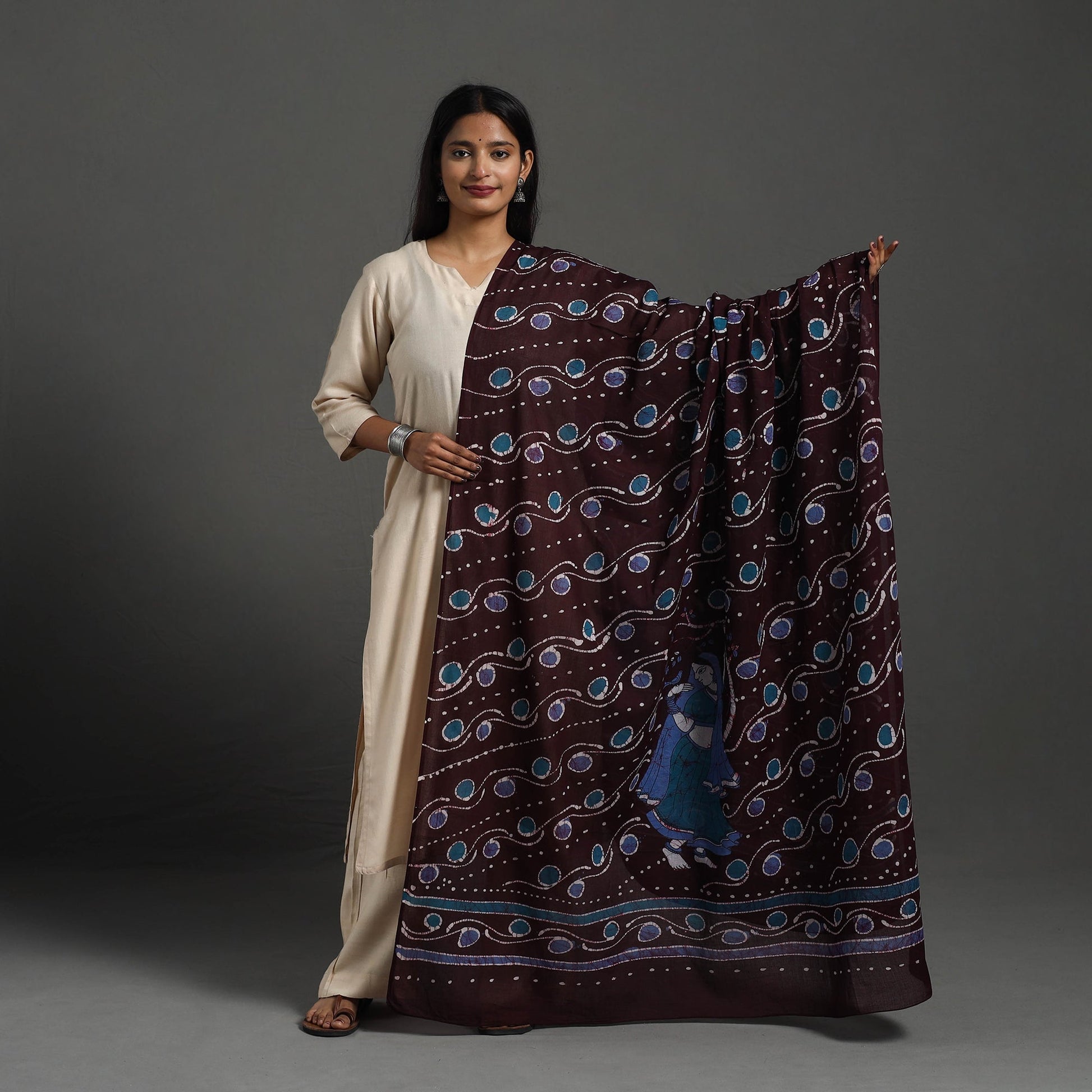 Brown - Cotton Hand Batik Print Dupatta 44