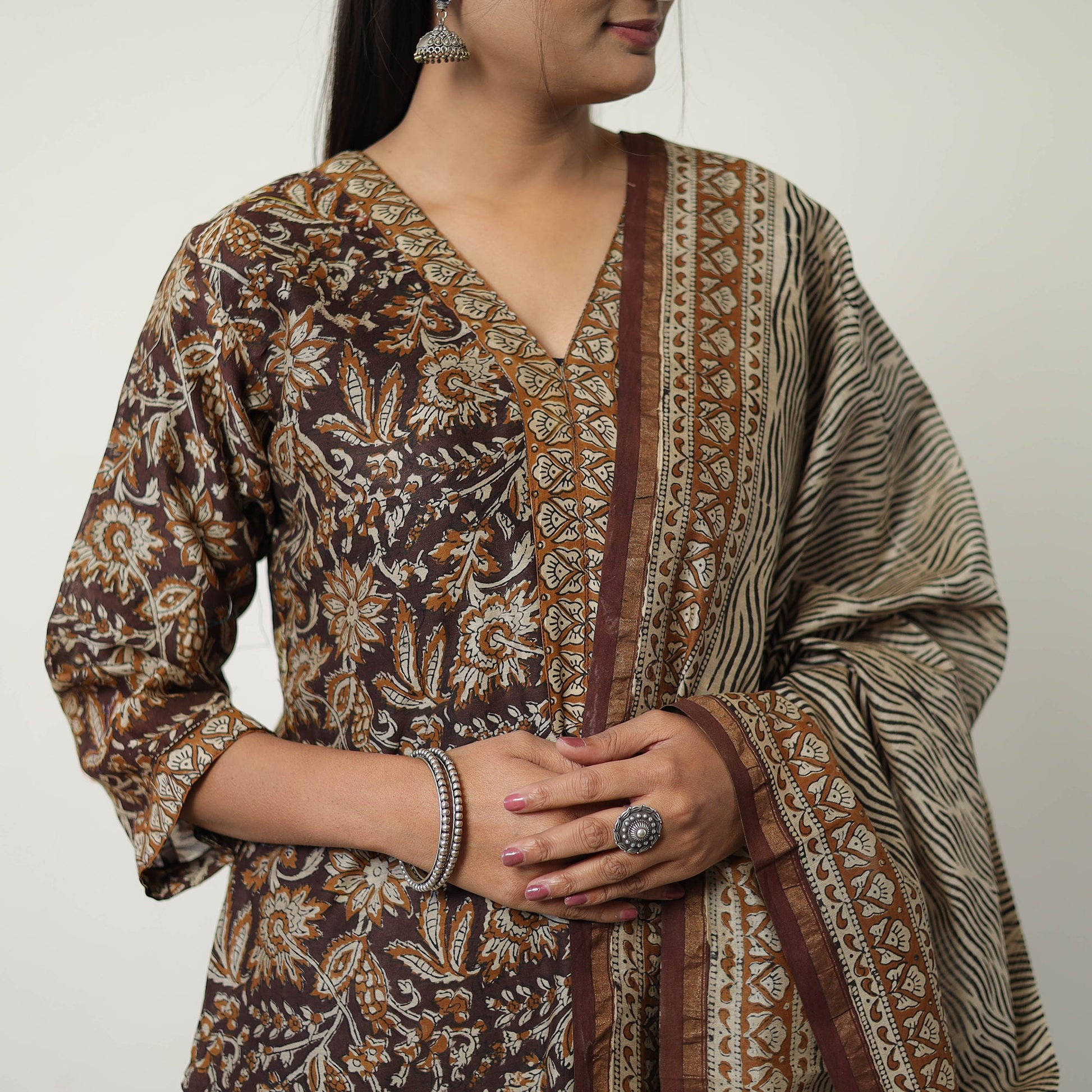 Brown - Chanderi Silk Hand Block Bagru Print Kurta Set 02