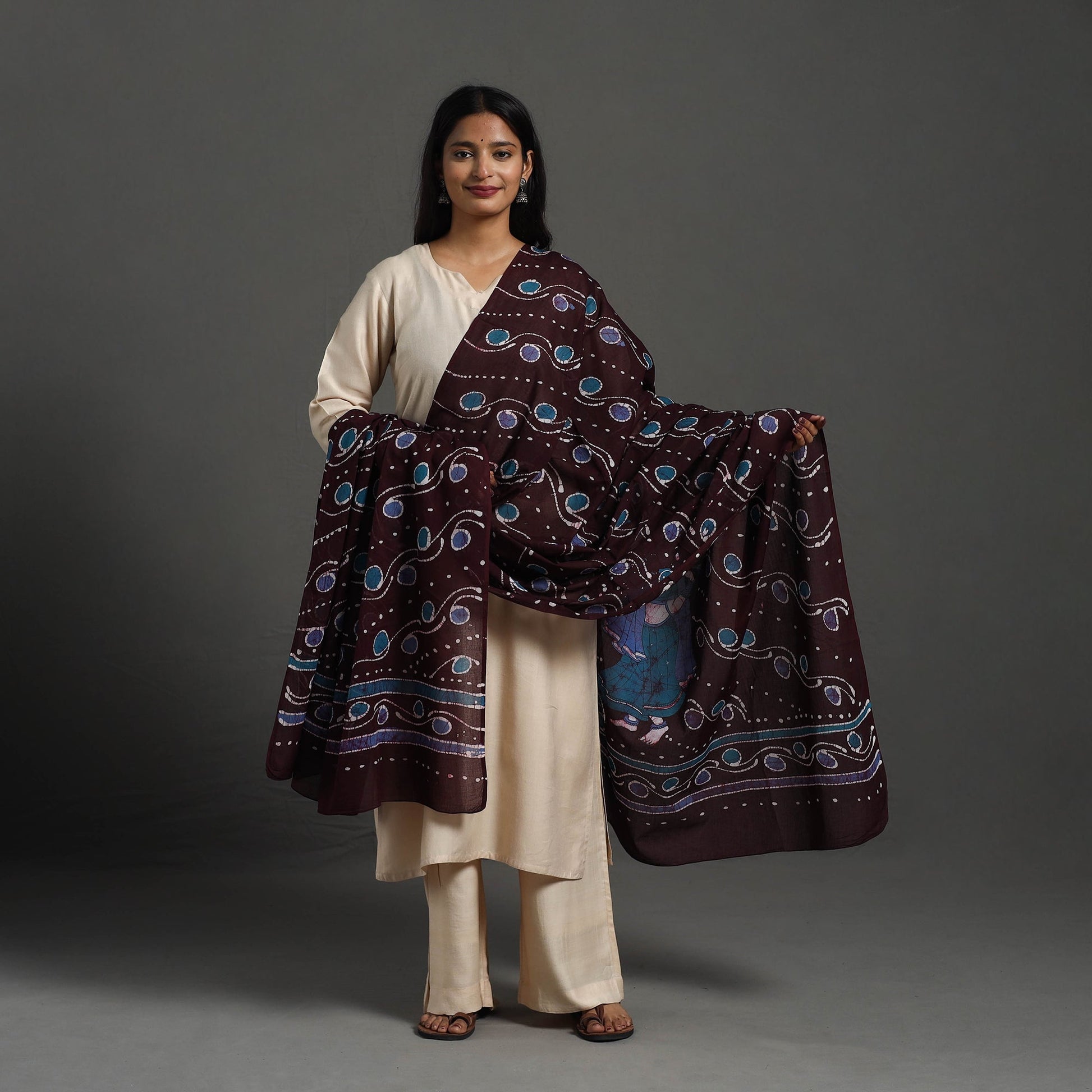 Brown - Cotton Hand Batik Print Dupatta 44