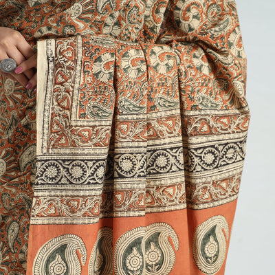 Brown - Pedana Block Print Cotton Kalamkari Saree 02