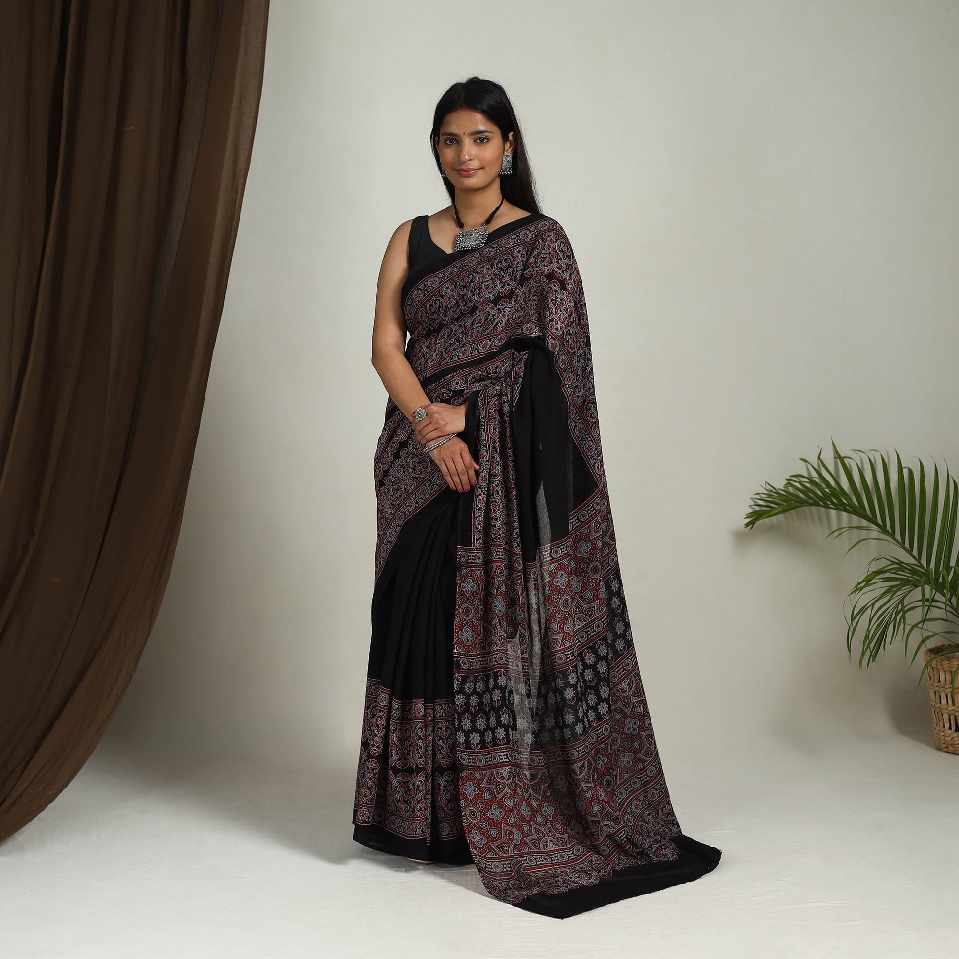 Black - Mul Cotton Block Print Ajrakh Saree 07