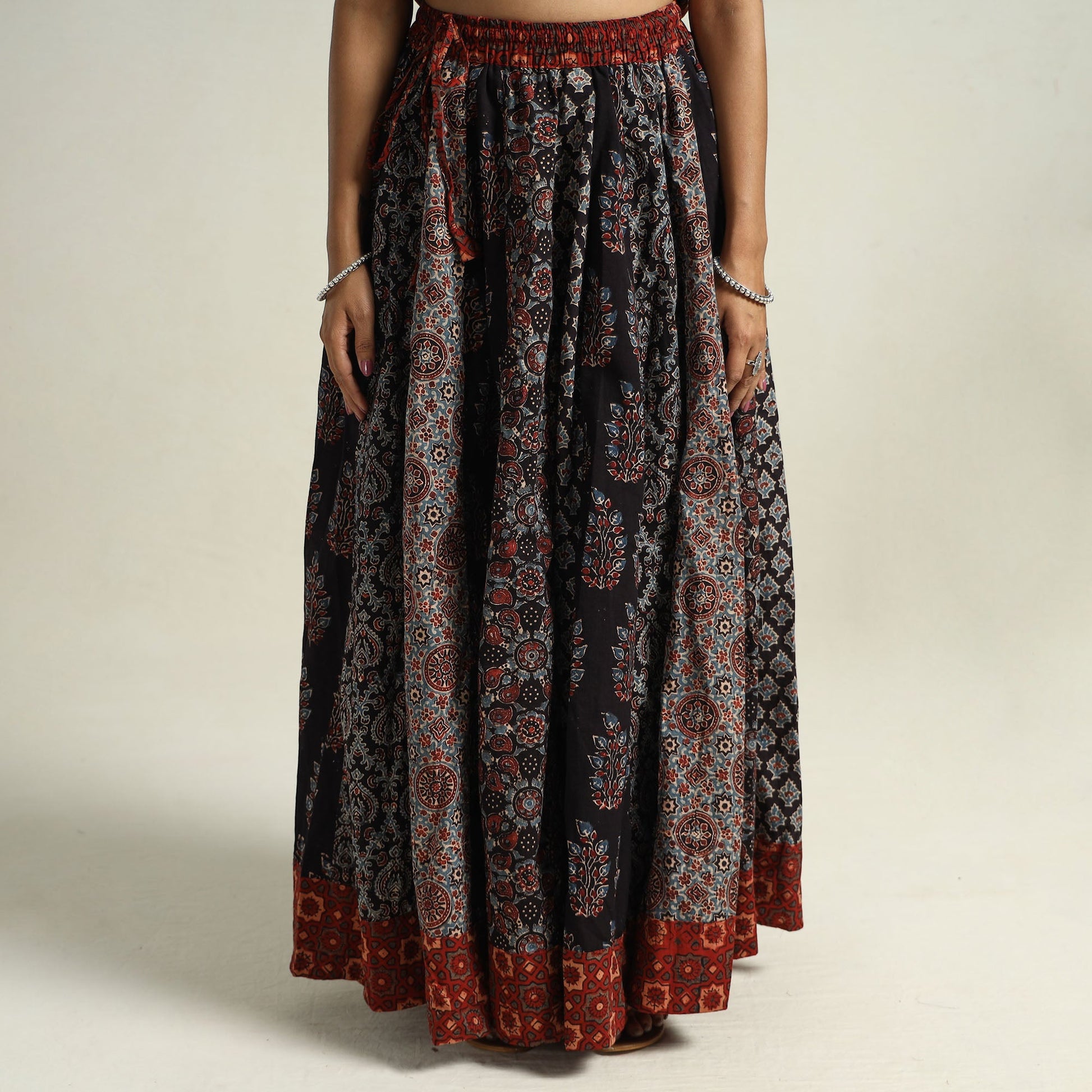 Black - Ajrakh Block Printed 24 Kali Patchwork Cotton Long Skirt 04