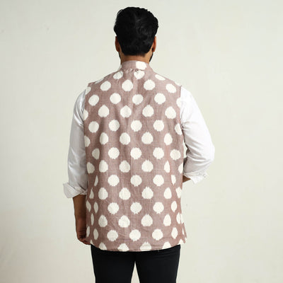 Brown - Pochampally Double Ikat Handloom Cotton Men Nehru Jacket 05
