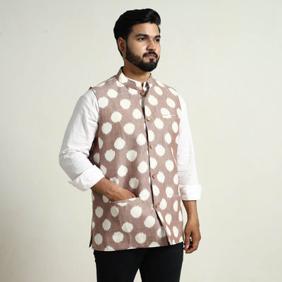 Brown - Pochampally Double Ikat Handloom Cotton Men Nehru Jacket 05