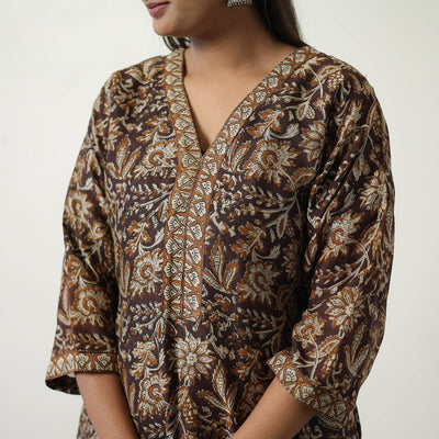 Brown - Chanderi Silk Hand Block Bagru Print Kurta Set 02