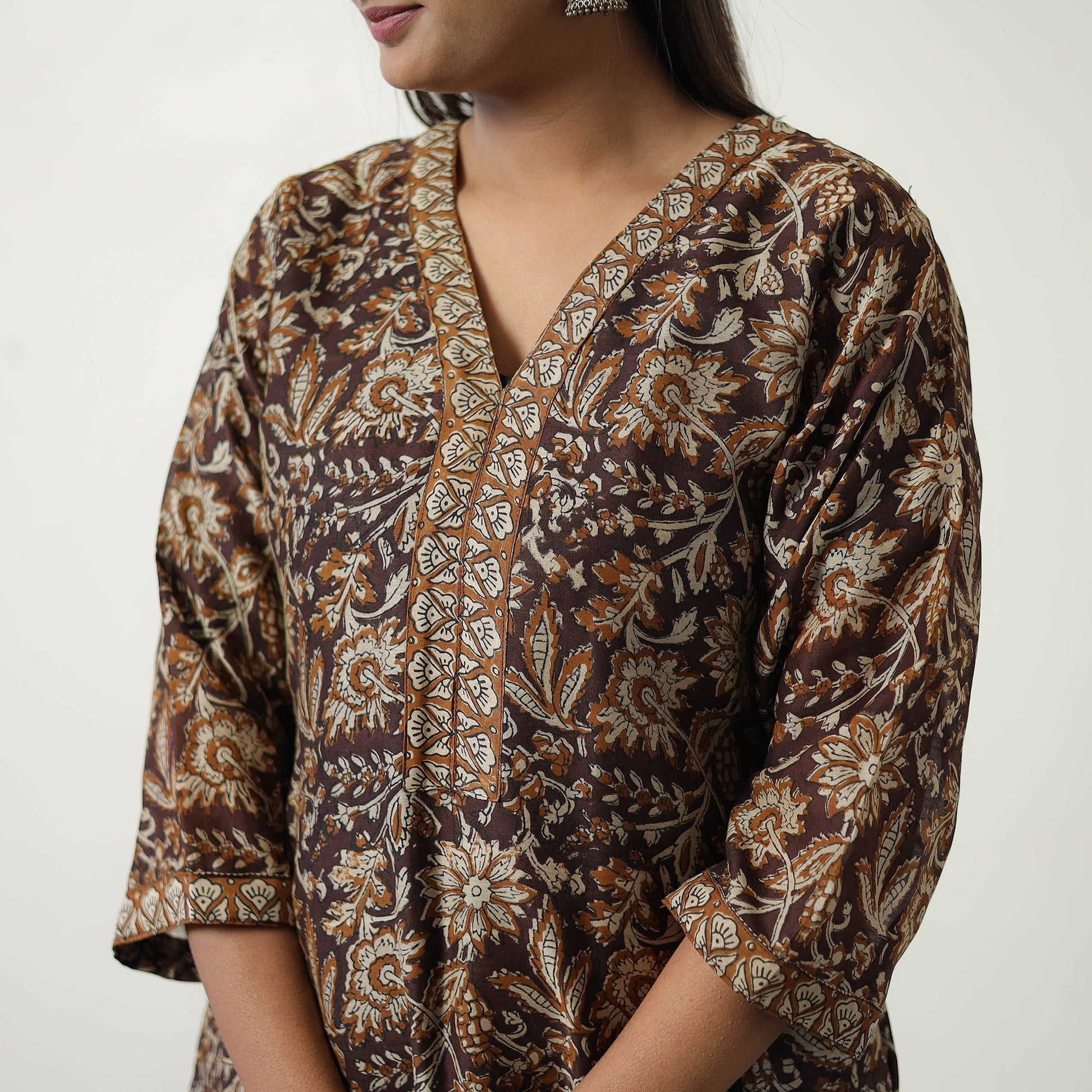 Brown - Chanderi Silk Hand Block Bagru Print Kurta Set 02