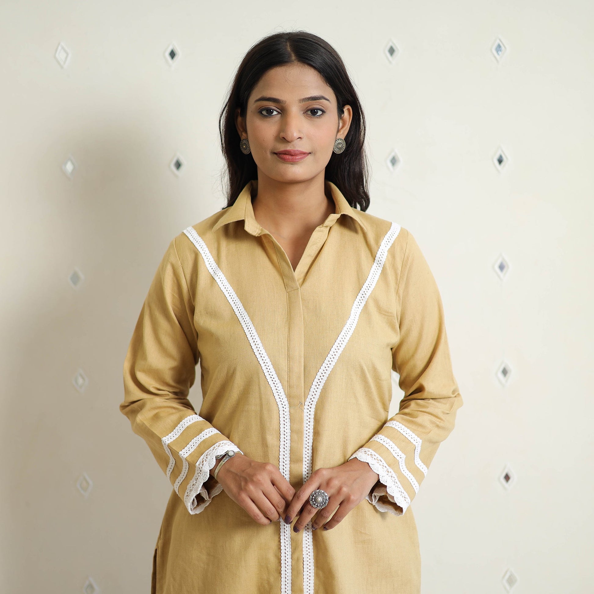 Brown - Flex Cotton Plain Co-Ord Set With Lace Work 02
