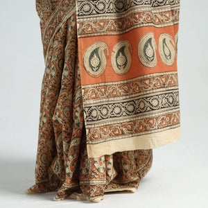 Brown - Pedana Block Print Cotton Kalamkari Saree 02