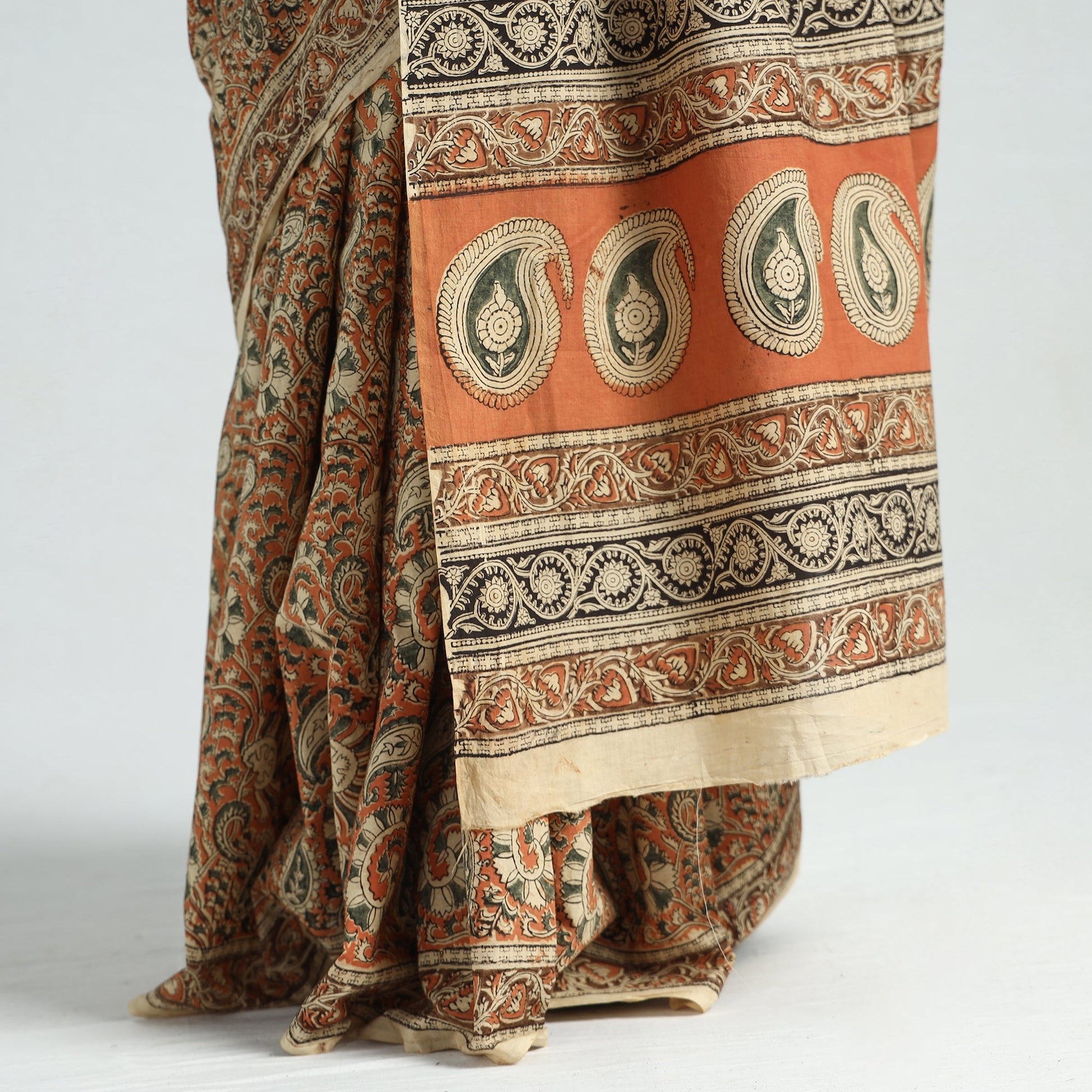 Brown - Pedana Block Print Cotton Kalamkari Saree 02