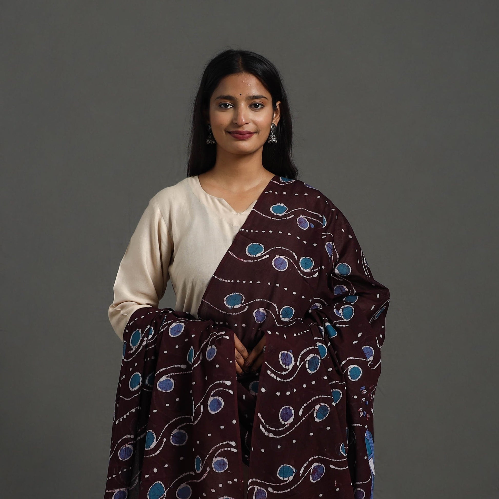 Brown - Cotton Hand Batik Print Dupatta 44