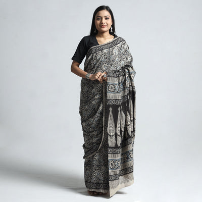 Black - Pedana Block Print Cotton Kalamkari Saree