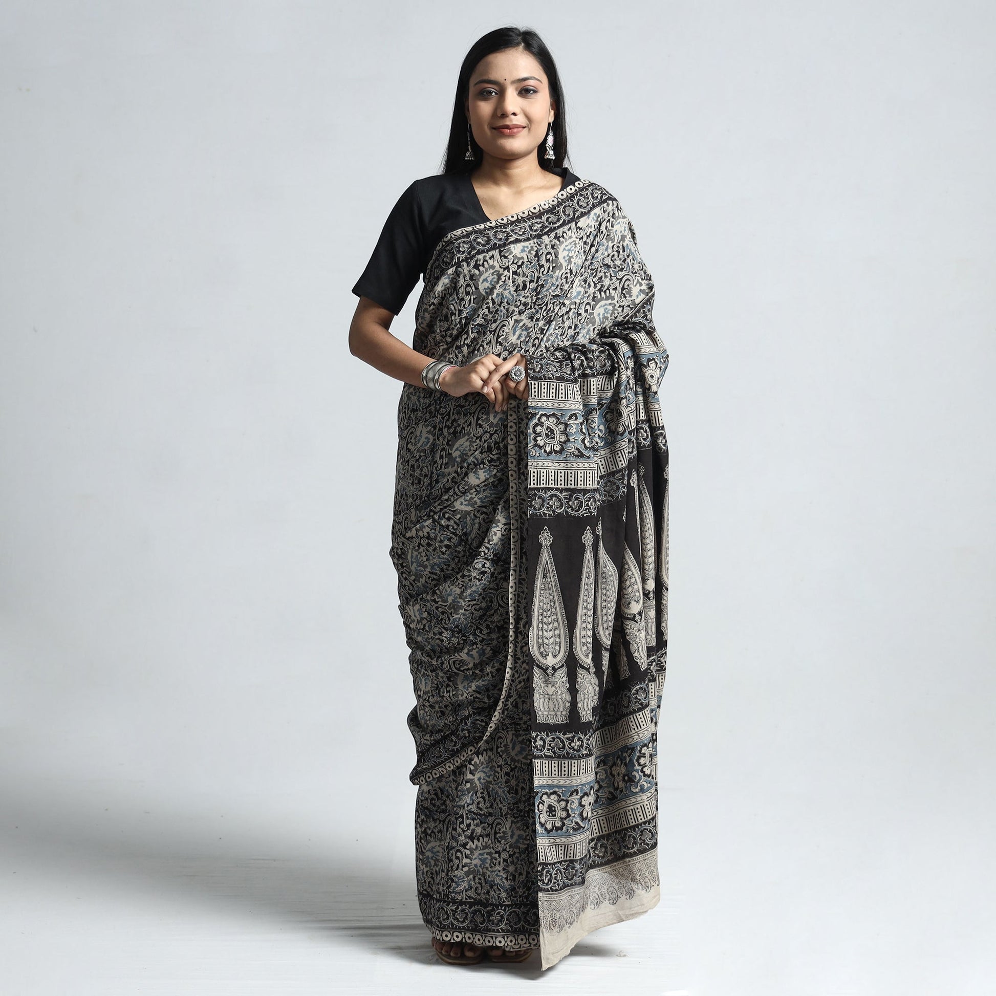 Black - Pedana Block Print Cotton Kalamkari Saree