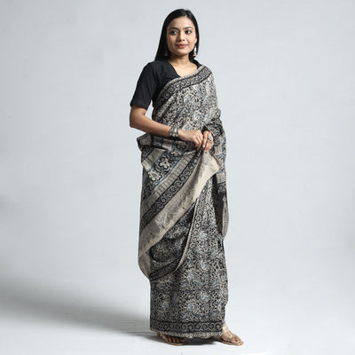 Black - Pedana Block Print Cotton Kalamkari Saree