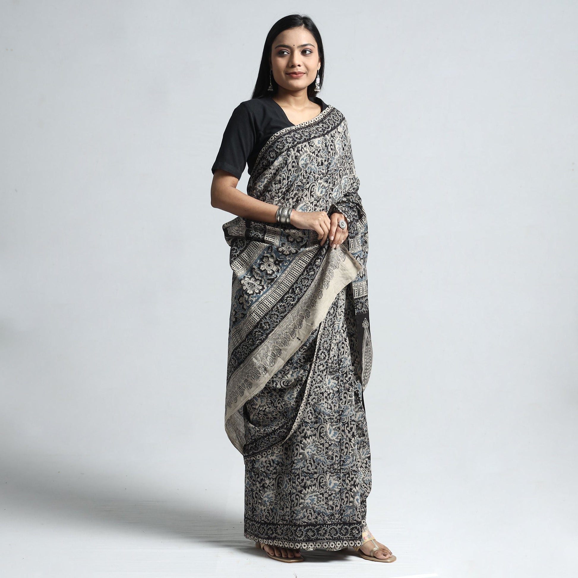 Black - Pedana Block Print Cotton Kalamkari Saree
