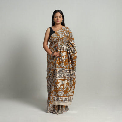Brown - Kalamkari Print Cotton Saree with Blouse 16