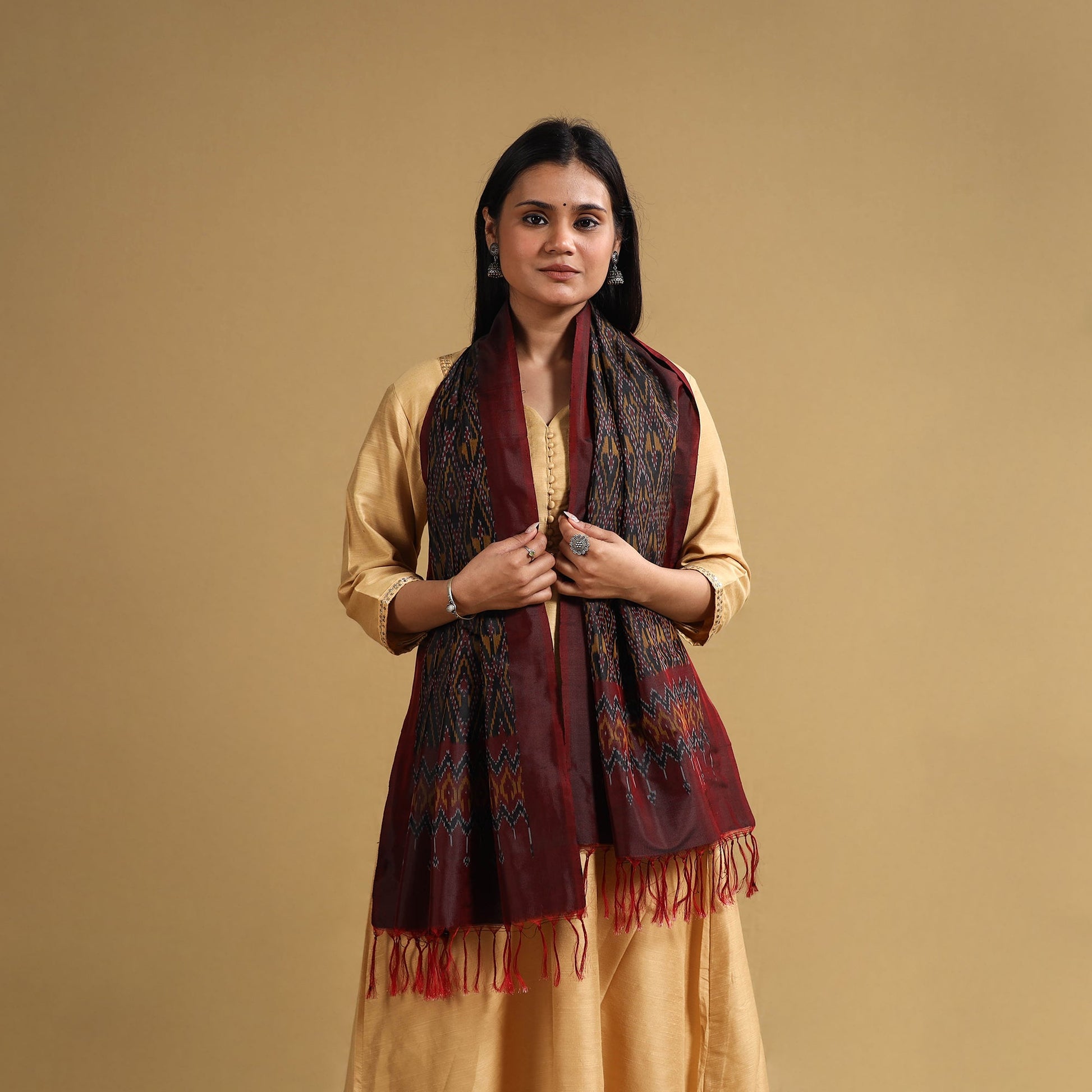 Brown - Handloom Mulberry Silk Pochampally Ikat Stole 14