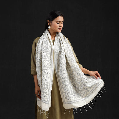 Beige - Handloom Desi Tussar Bengal Kantha Work Stole 48