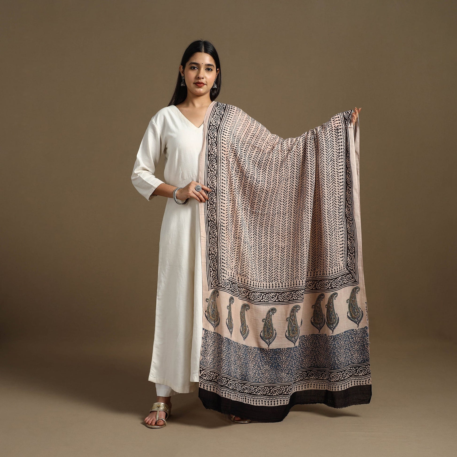 Beige - Block Print Mul Cotton Bagru Dupatta 07