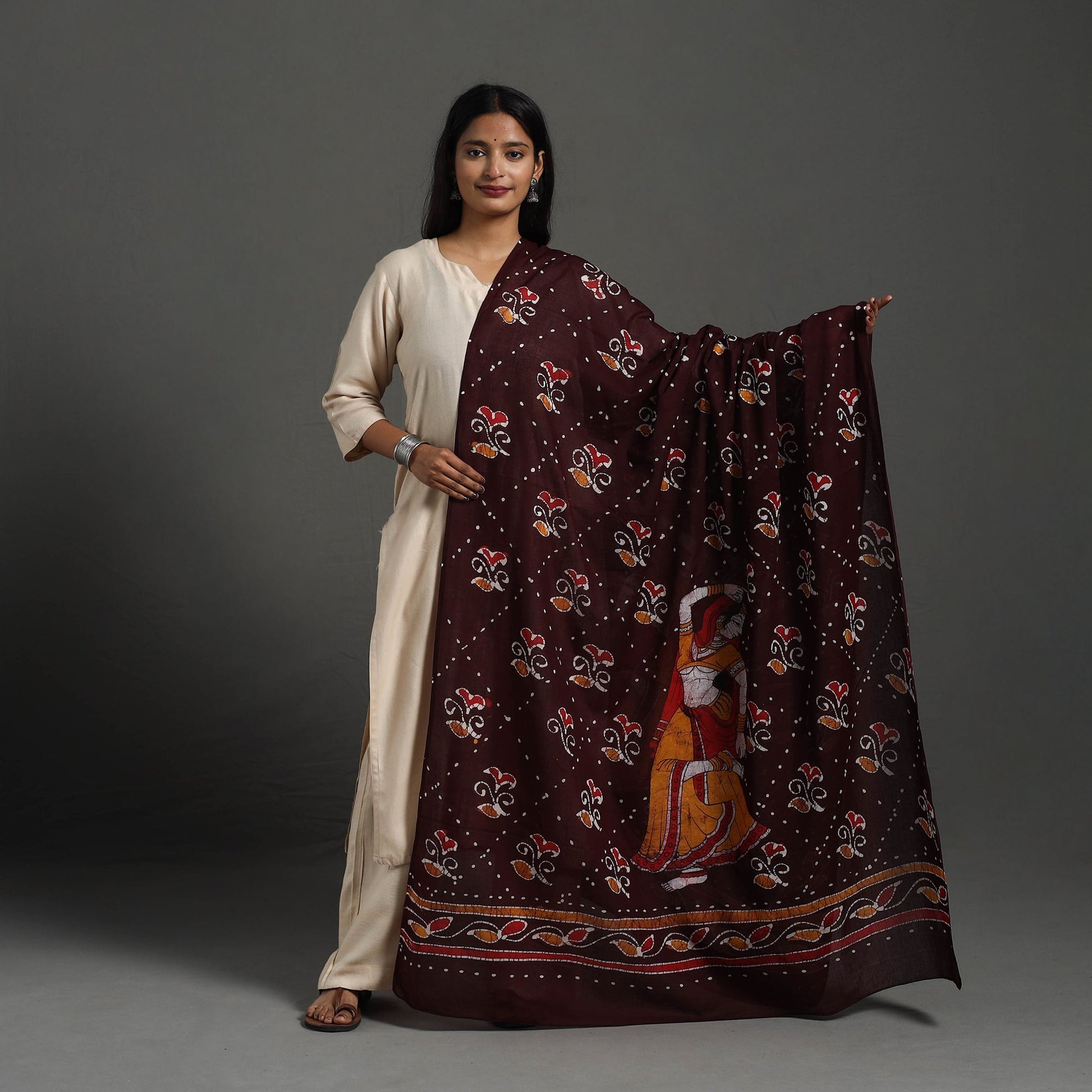Brown - Cotton Hand Batik Print Dupatta 45