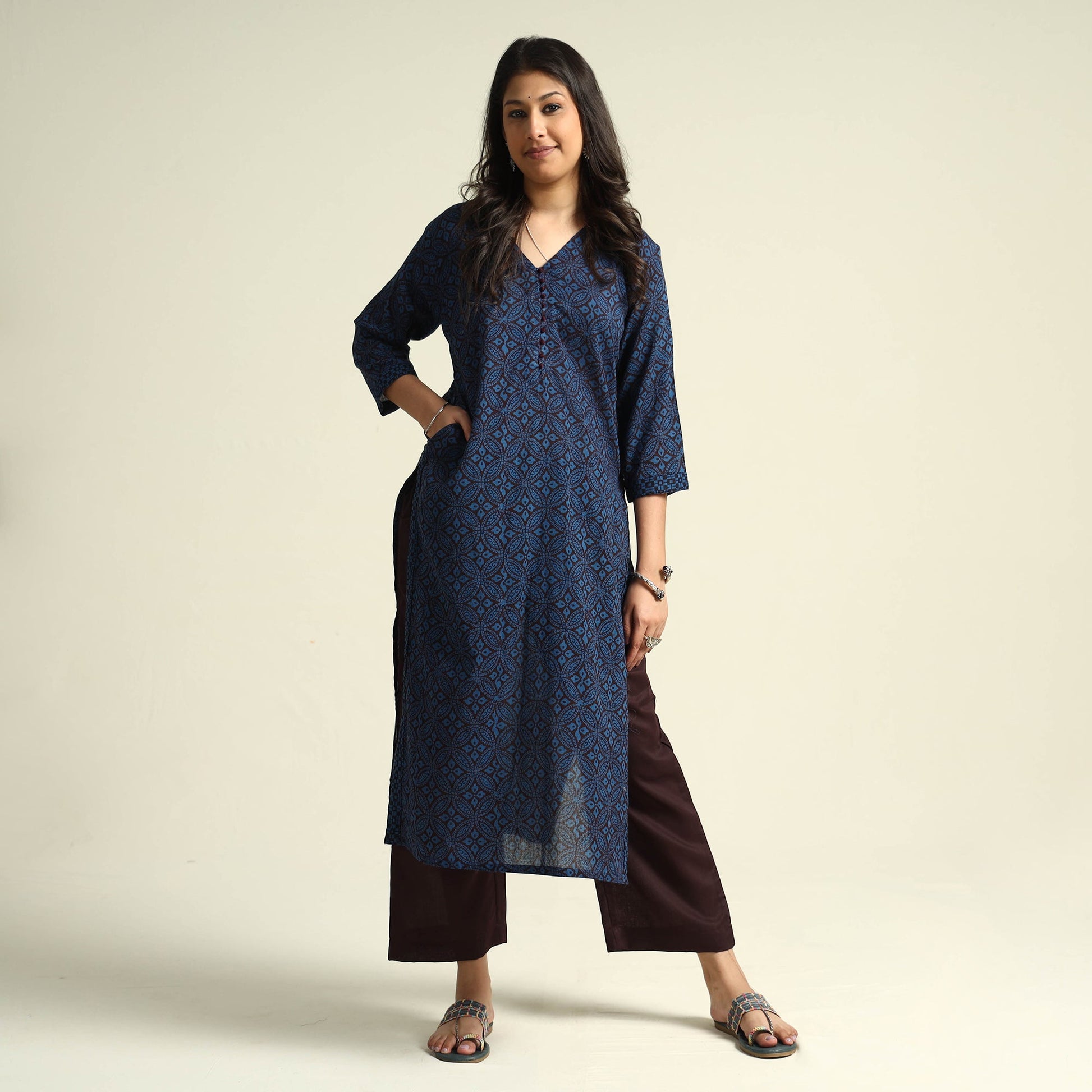 Blue - Bagh Block Printed Cotton Kurta with Palazzo Set