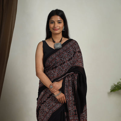 Black - Mul Cotton Block Print Ajrakh Saree 07