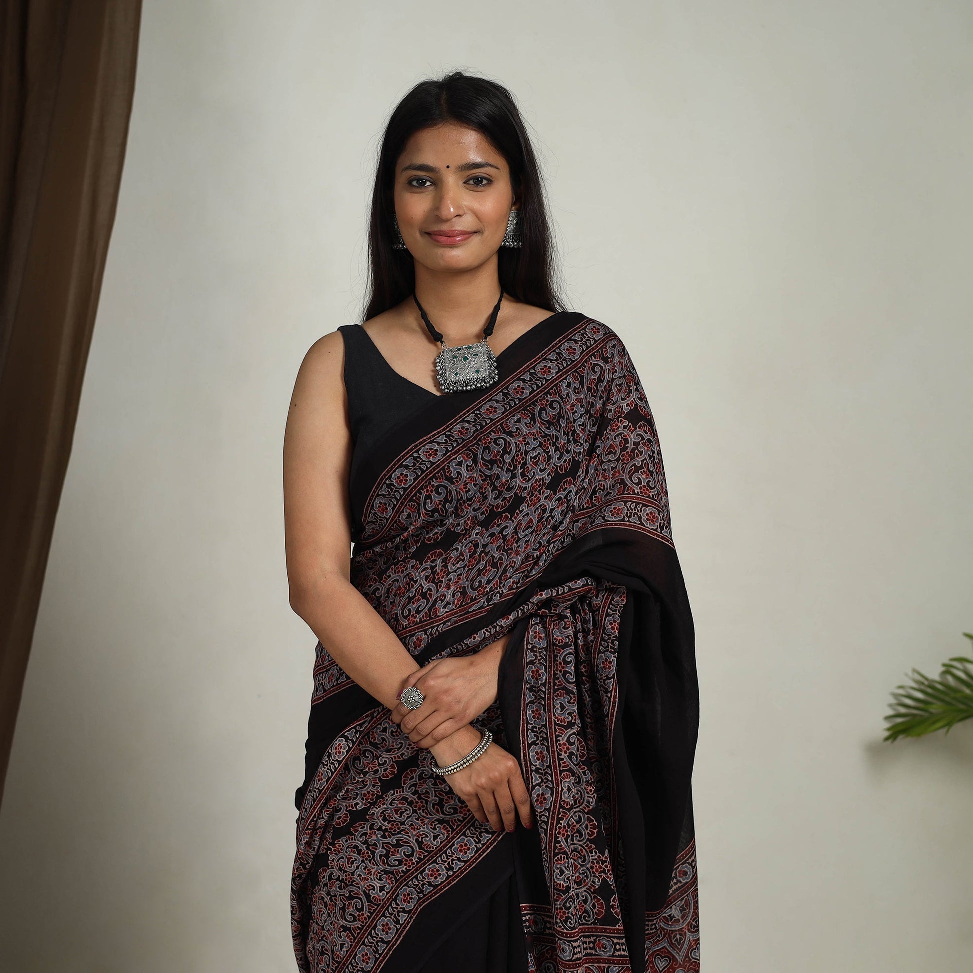 Black - Mul Cotton Block Print Ajrakh Saree 07