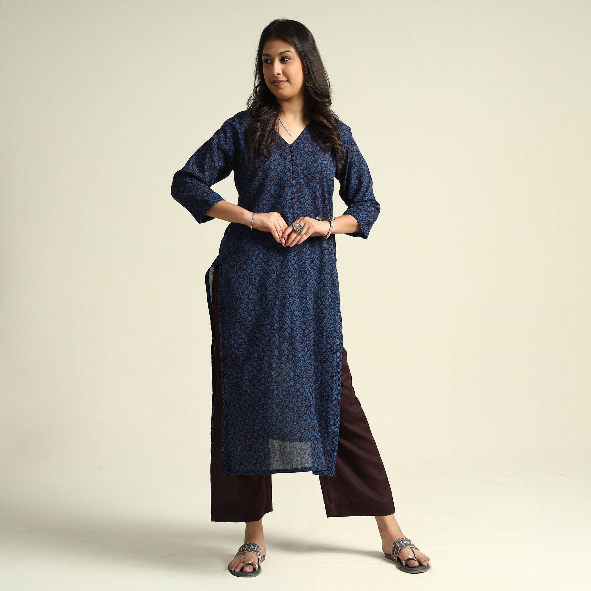 Blue - Bagh Block Printed Cotton Kurta with Palazzo Set
