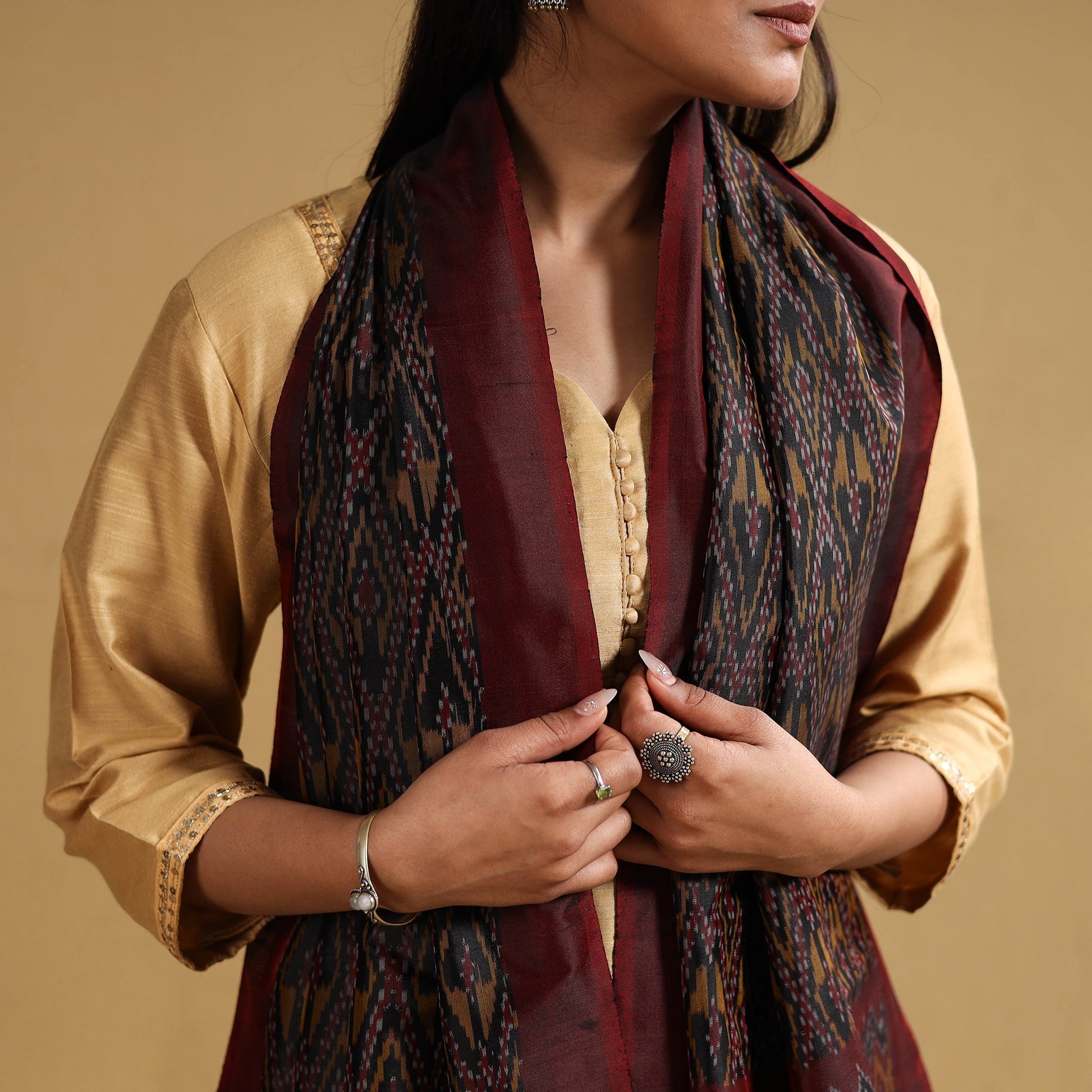 Brown - Handloom Mulberry Silk Pochampally Ikat Stole 14