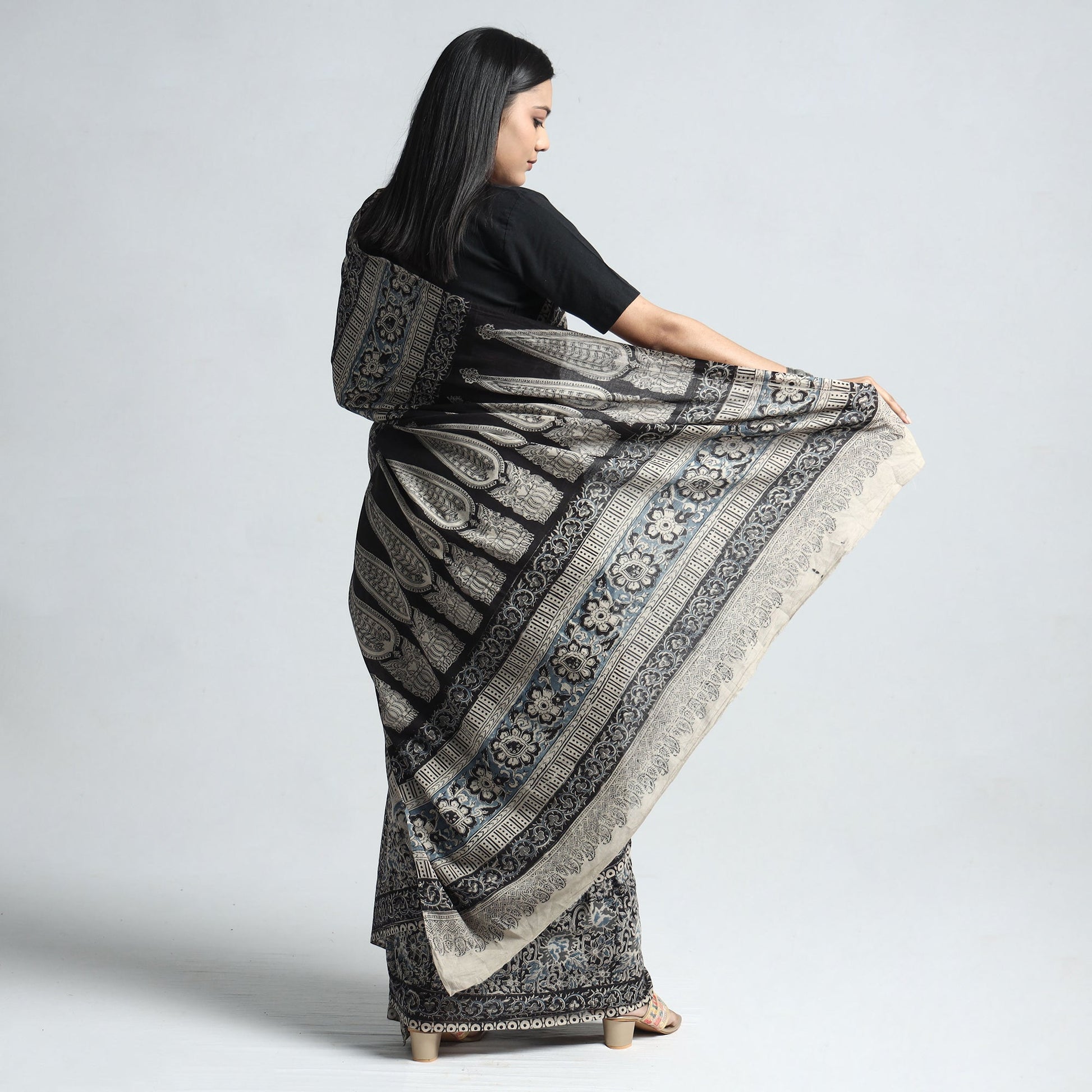 Black - Pedana Block Print Cotton Kalamkari Saree
