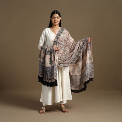 Beige - Block Print Mul Cotton Bagru Dupatta 07
