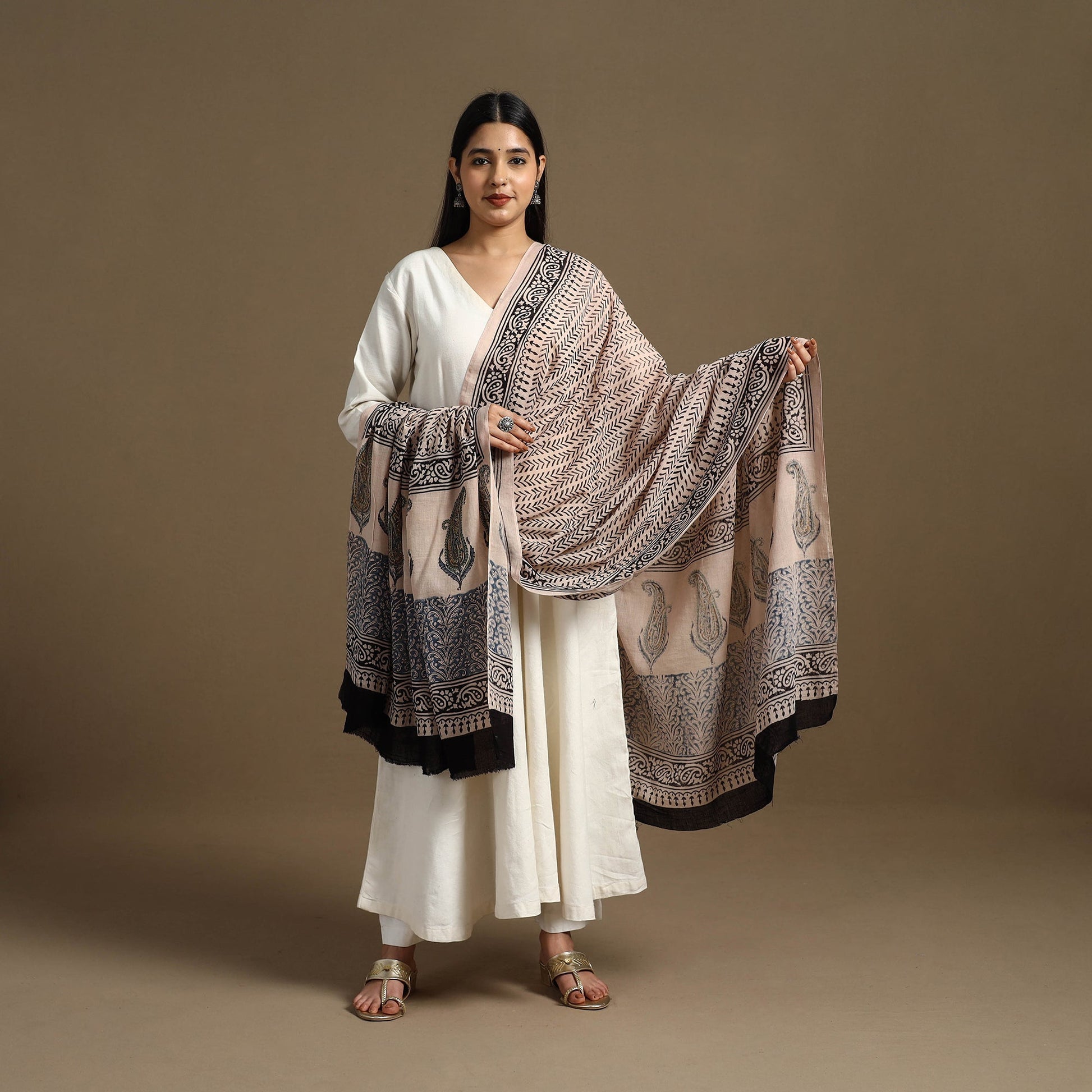 Beige - Block Print Mul Cotton Bagru Dupatta 07