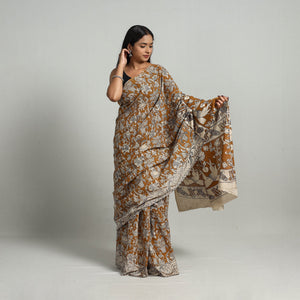 Brown - Kalamkari Print Cotton Saree with Blouse 16