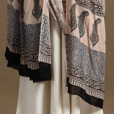 Beige - Block Print Mul Cotton Bagru Dupatta 07