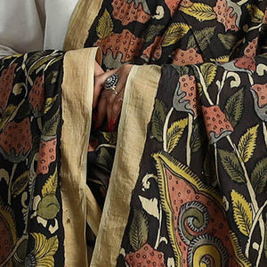 Black - Mangalagiri Cotton Handpainted Pen Work Kalamkari Dupatta 07