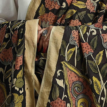 Black - Mangalagiri Cotton Handpainted Pen Work Kalamkari Dupatta 07
