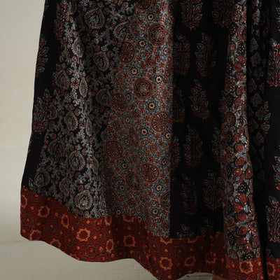 Black - Ajrakh Block Printed 24 Kali Patchwork Cotton Long Skirt 04