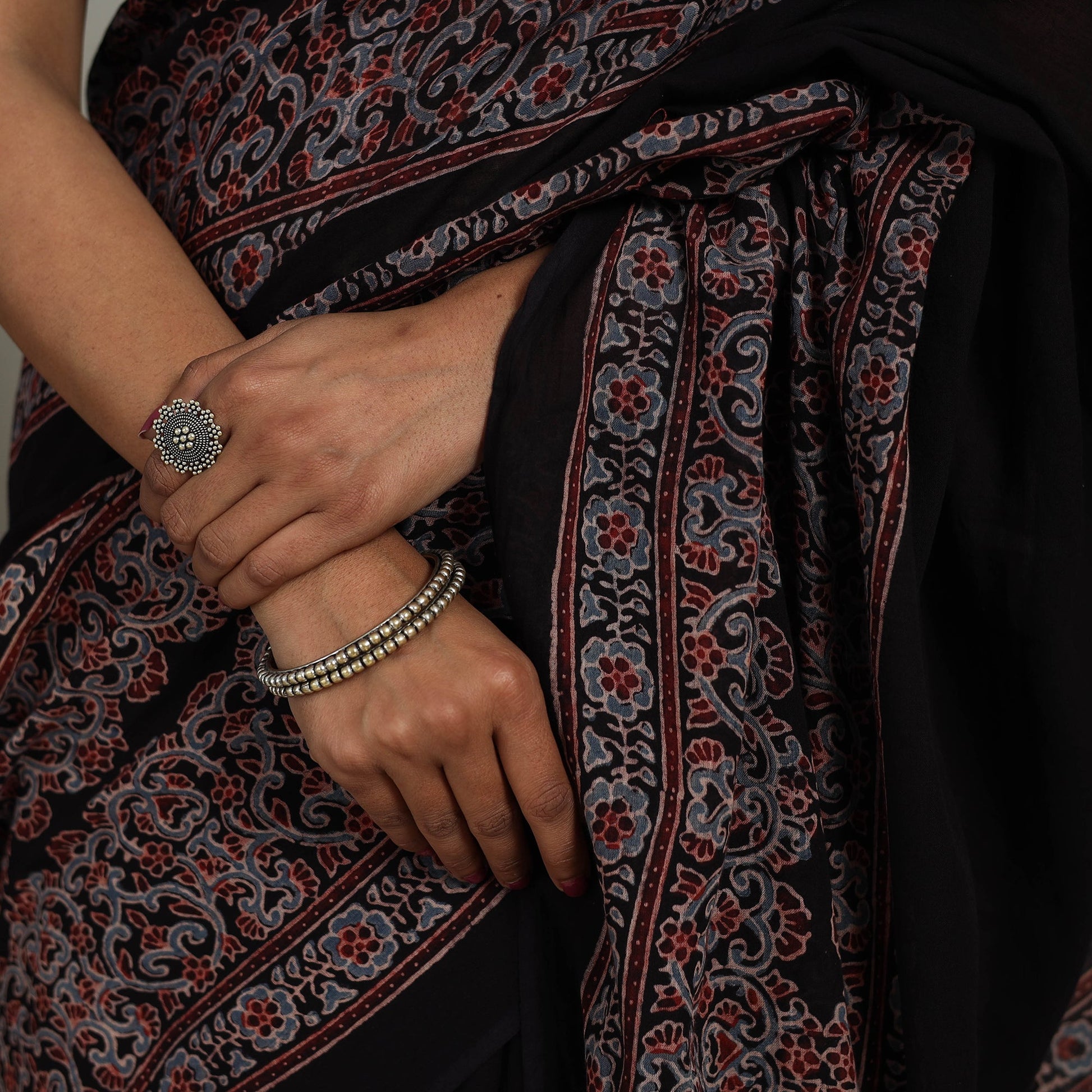 Black - Mul Cotton Block Print Ajrakh Saree 07