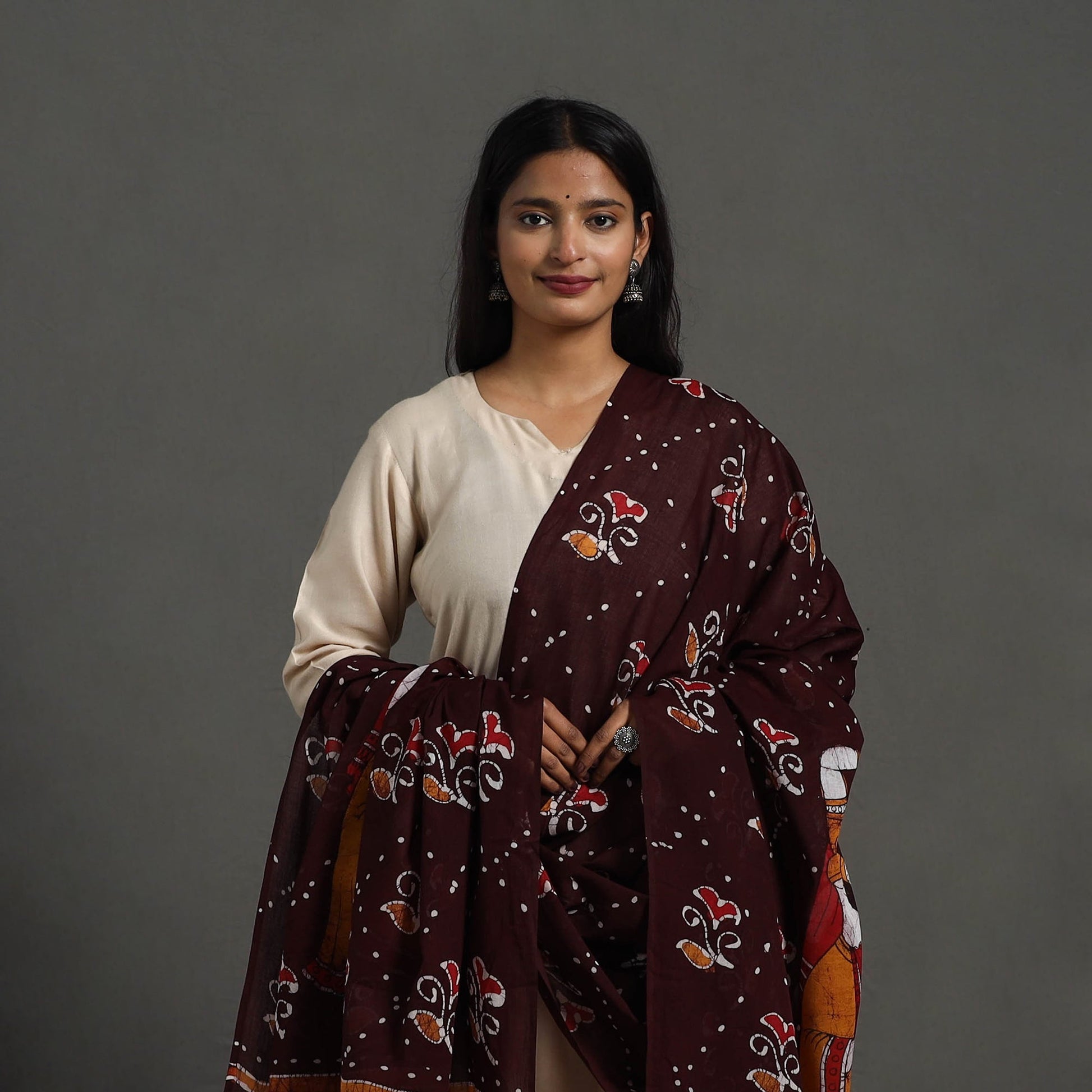 Brown - Cotton Hand Batik Print Dupatta 45