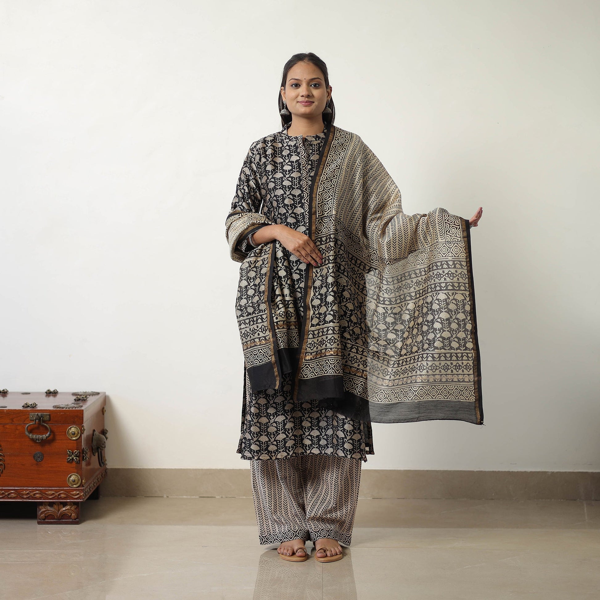 Black - Chanderi Silk Hand Block Bagru Print Kurta Set 07