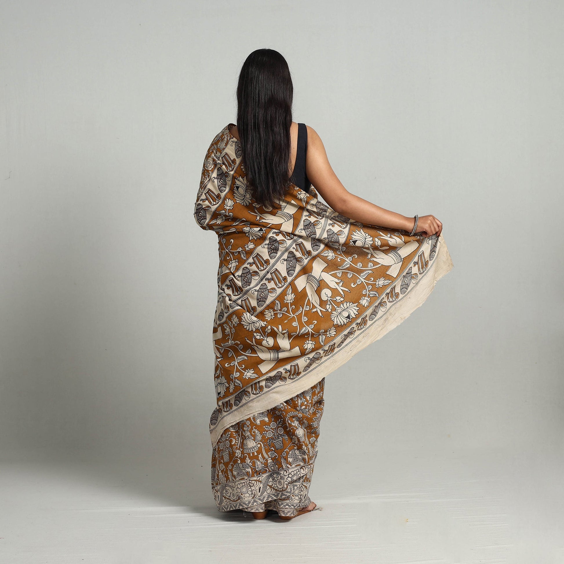 Brown - Kalamkari Print Cotton Saree with Blouse 16