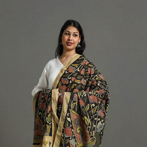 Black - Mangalagiri Cotton Handpainted Pen Work Kalamkari Dupatta 07