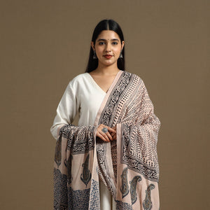 Beige - Block Print Mul Cotton Bagru Dupatta 07