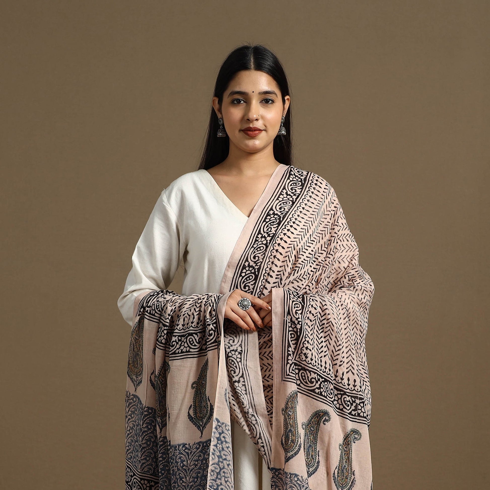 Beige - Block Print Mul Cotton Bagru Dupatta 07