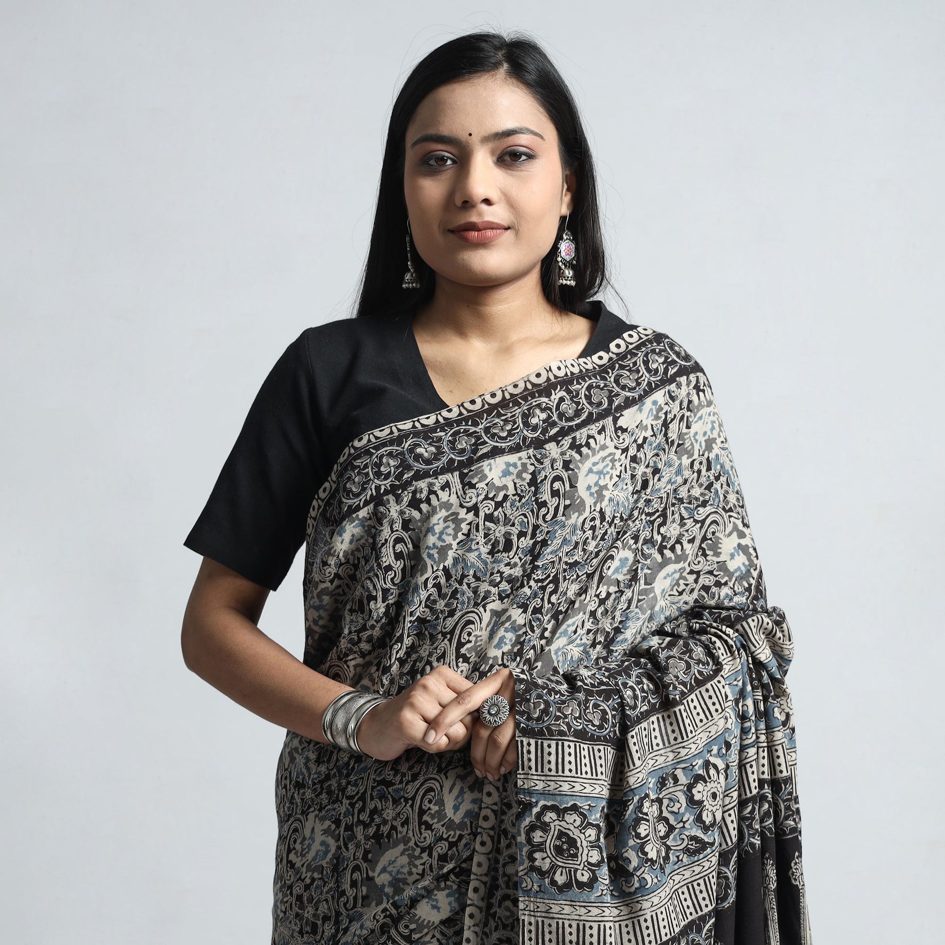 Black - Pedana Block Print Cotton Kalamkari Saree
