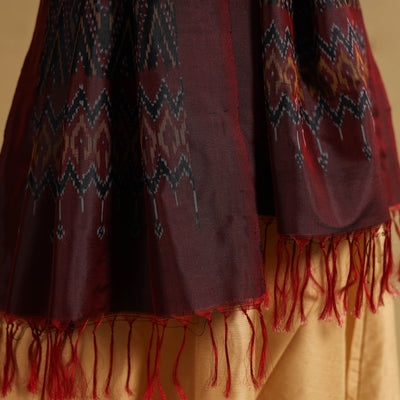Brown - Handloom Mulberry Silk Pochampally Ikat Stole 14