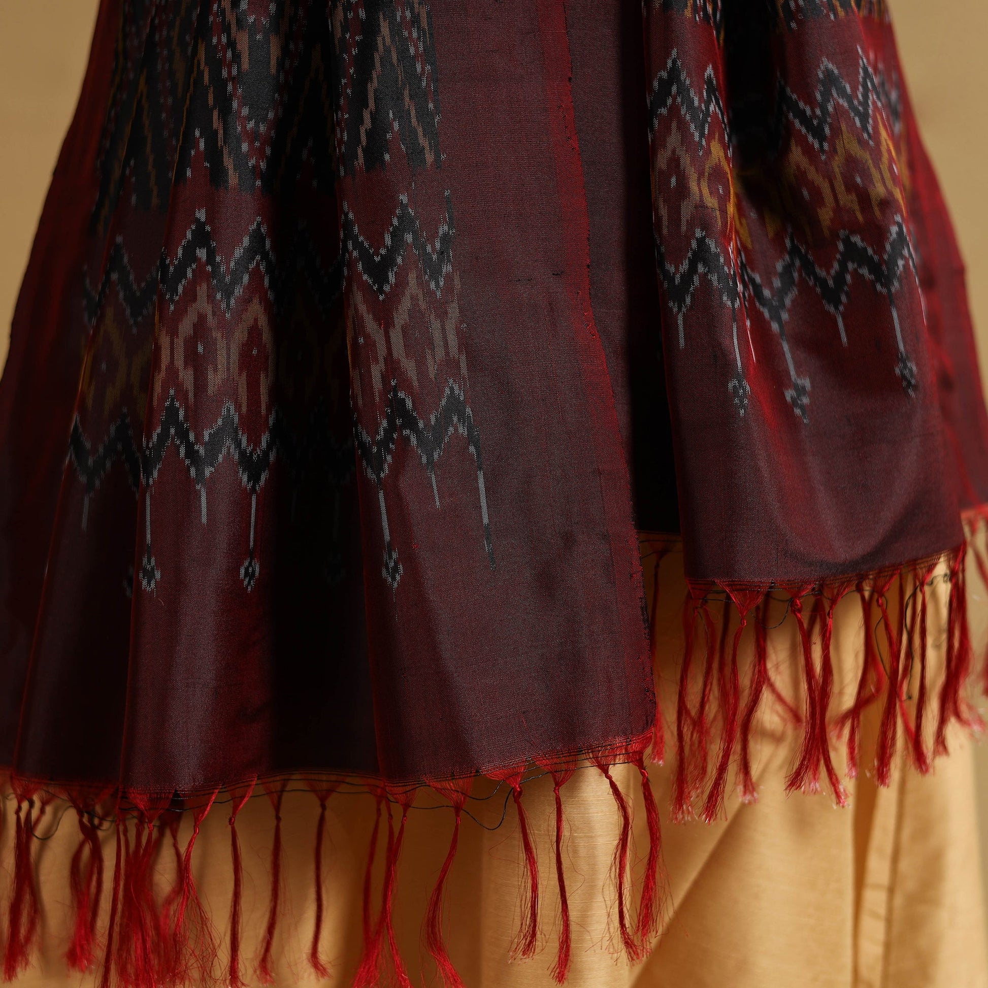 Brown - Handloom Mulberry Silk Pochampally Ikat Stole 14