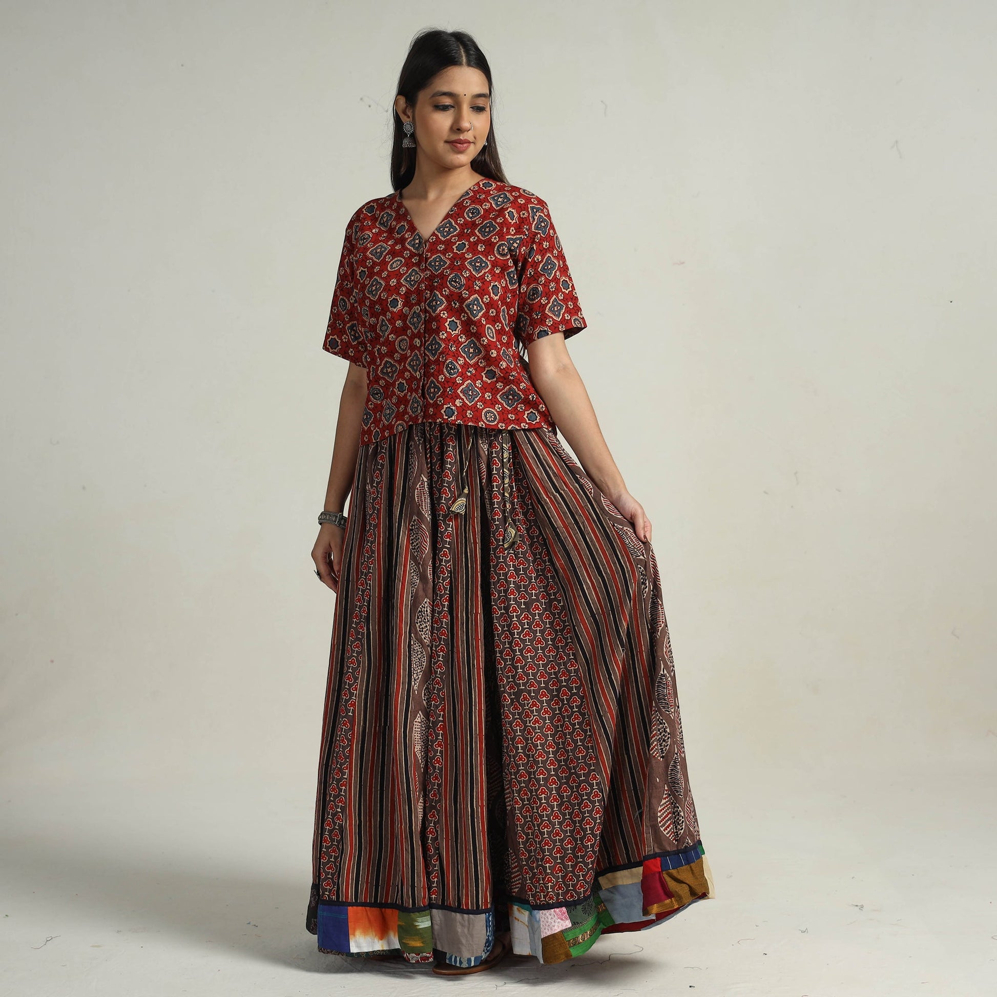 Brown - Kutch Block Printed 24 Kali Cotton Long Skirt 19